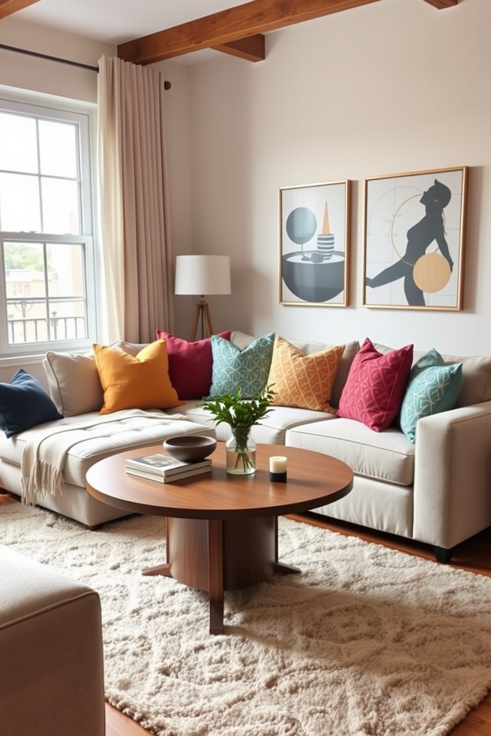 A cozy small apartment living room features a soft gray sofa adorned with colorful throw pillows. A round coffee table sits in the center, surrounded by a plush area rug that adds warmth to the space. On the walls, hang artwork at eye level to create an inviting atmosphere. A tall bookshelf filled with books and decorative items adds personality and function to the room.