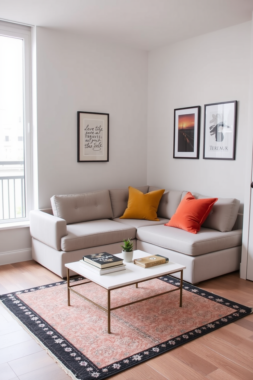 A cozy small apartment living room features a stylish sofa with under-sofa storage to maximize space and organization. The room is adorned with a neutral color palette, complemented by vibrant throw pillows and a chic area rug. In one corner, a compact coffee table sits atop the rug, surrounded by a few decorative books and a small plant. The walls are decorated with framed artwork, adding personality to the space while maintaining an open and airy feel.