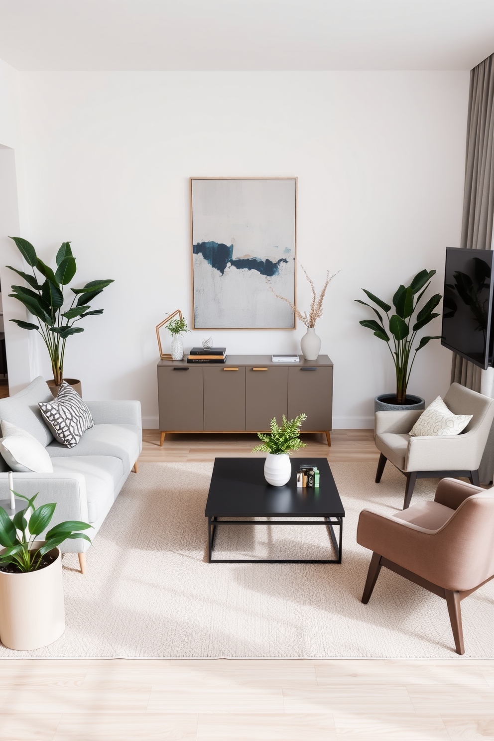 A stylish small apartment living room featuring a contemporary sectional sofa in a soft gray fabric. The focal point is a large abstract artwork above a sleek console table, complemented by a geometric area rug that adds warmth to the space. Incorporate a multifunctional coffee table that doubles as a storage unit, surrounded by two modern accent chairs. The walls are painted in a light neutral tone, with a mix of indoor plants to bring a touch of nature indoors.