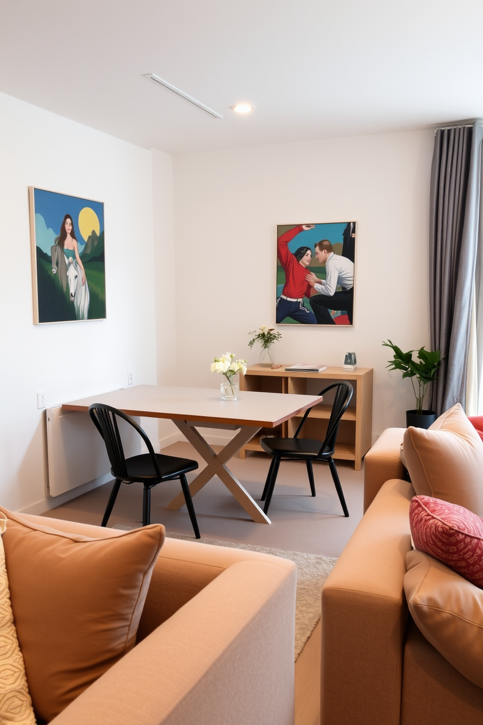 A cozy small apartment living room features floating shelves adorned with a mix of books and decorative items. The walls are painted in a light gray hue, creating an airy feel, while a plush sofa in a soft fabric invites relaxation.