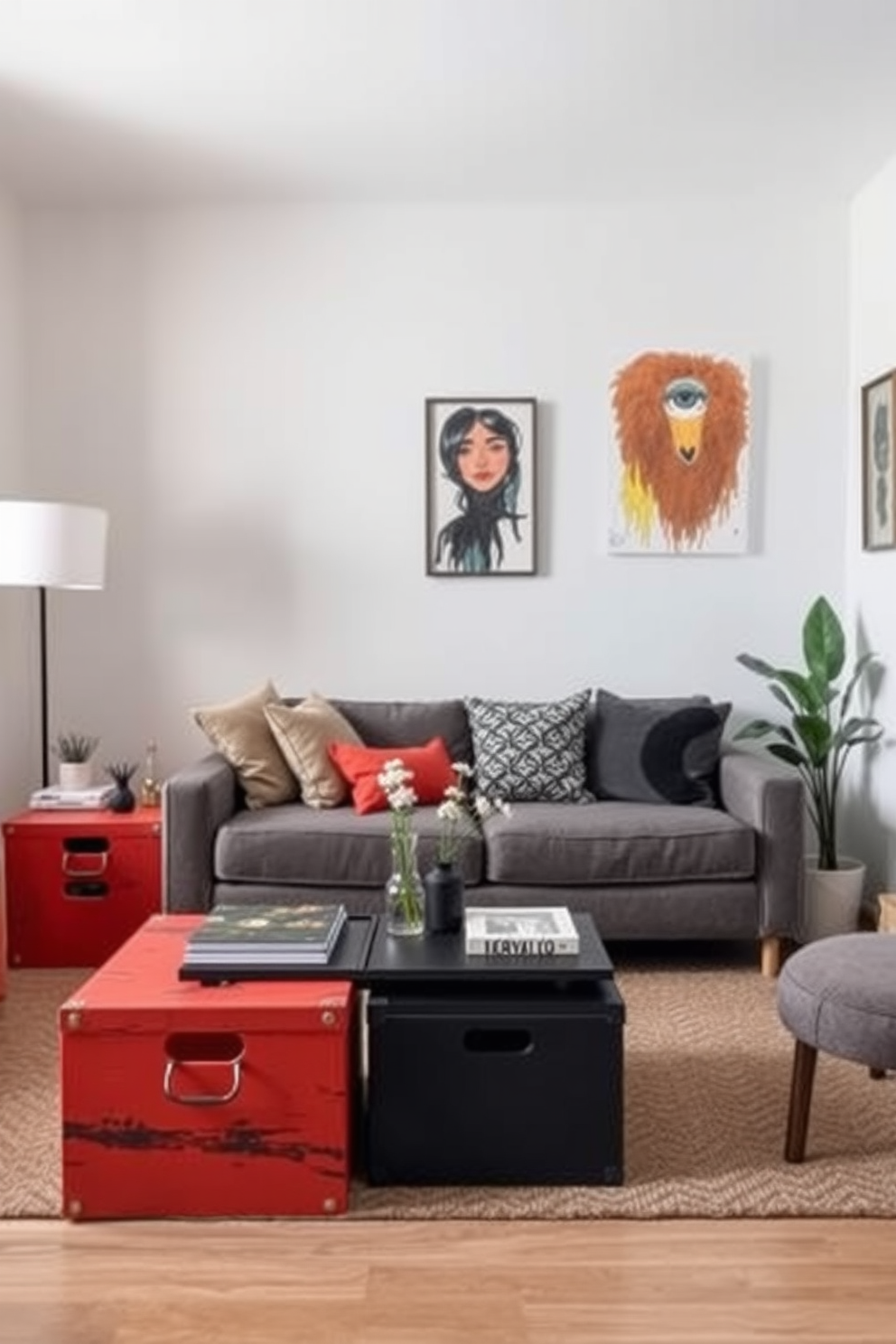 A cozy small apartment living room featuring decorative boxes that blend seamlessly with the decor for hidden storage. The space is adorned with a minimalist sofa, a stylish coffee table, and vibrant artwork on the walls, creating an inviting atmosphere.