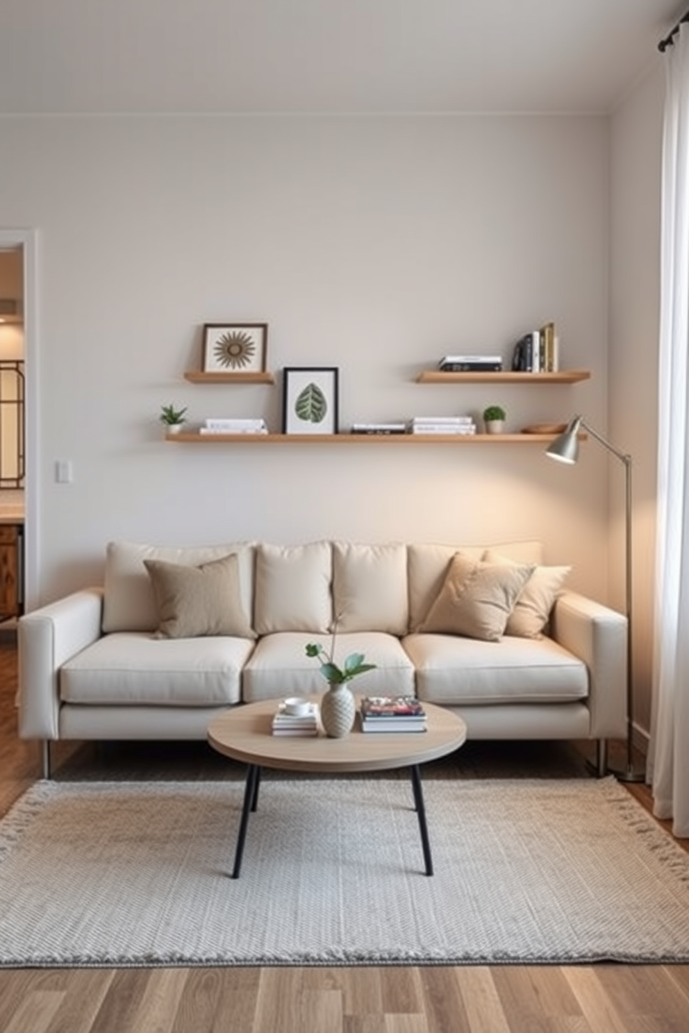 A small apartment living room designed with a neutral color palette creates a serene and inviting atmosphere. The walls are painted in soft beige, complemented by a light gray sofa adorned with textured throw pillows. A sleek coffee table in natural wood sits atop a cozy area rug, providing a warm focal point. Floor-to-ceiling curtains in a light linen fabric frame the windows, allowing natural light to flood the space while maintaining privacy.