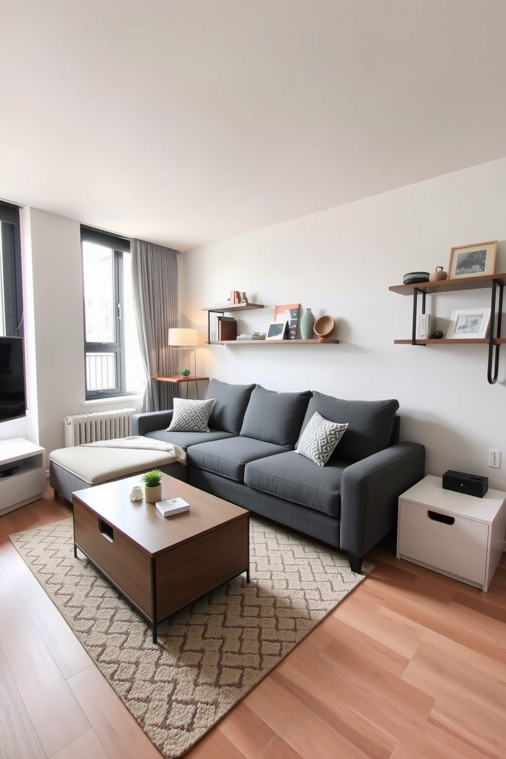 A cozy small apartment living room features a light gray sofa adorned with colorful throw pillows. A large floor-to-ceiling mirror is positioned opposite a window, reflecting natural light and creating an illusion of space. The walls are painted in soft white, enhancing the brightness of the room. A round coffee table sits in the center, surrounded by two accent chairs, while a vibrant area rug adds warmth and texture to the space.