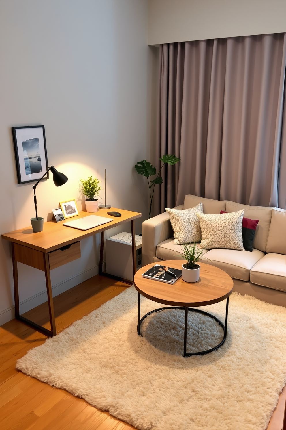 A cozy small apartment living room featuring a compact desk for workspace. The desk is positioned against a wall, adorned with stylish stationery and a small potted plant, creating an inviting work environment. The seating area includes a plush sofa in a neutral tone, complemented by colorful throw pillows. A round coffee table sits in front of the sofa, surrounded by a soft area rug that adds warmth to the space.