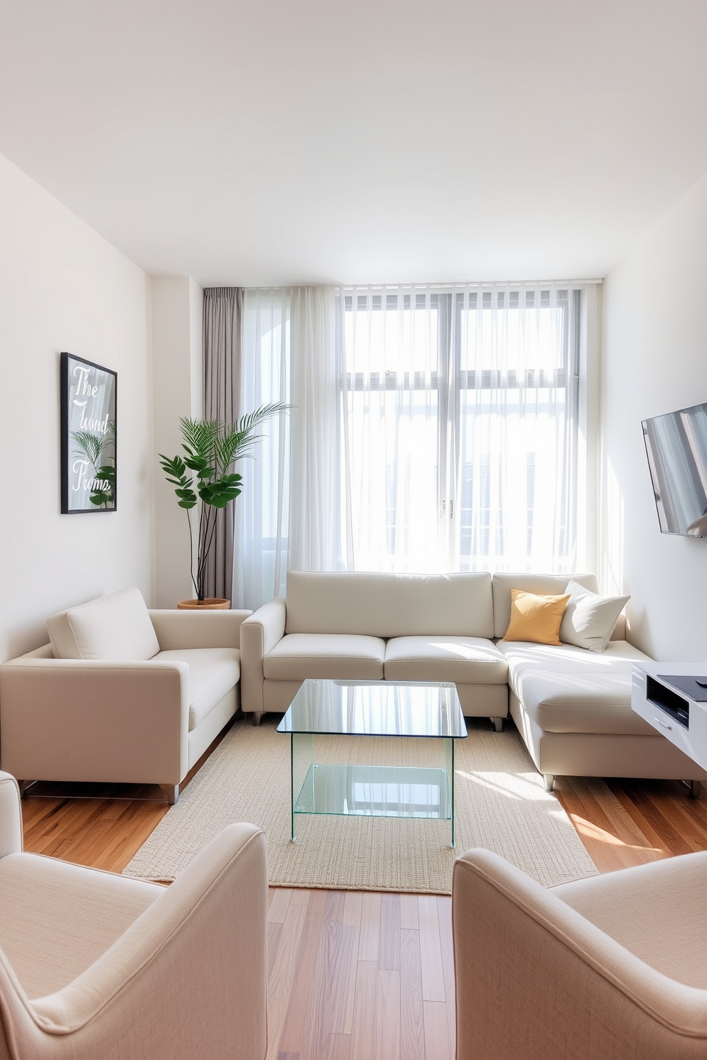 A cozy living room in a small apartment featuring transparent furniture to create an airy feel. A sleek glass coffee table sits in the center, surrounded by a compact sectional sofa upholstered in light fabric. The walls are painted in a soft pastel hue, enhancing the sense of openness. A large window allows natural light to flood the space, complemented by sheer curtains that gently diffuse the sunlight.