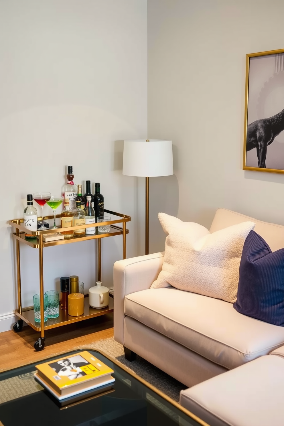 A modern small apartment living room features a slim TV stand made of light wood, positioned against a wall with a soft gray hue. The stand holds a sleek flat-screen TV, while decorative items like books and plants are arranged neatly on the shelves. A cozy sofa in a neutral fabric faces the TV, accompanied by a small coffee table with a glass top. The space is enhanced by a vibrant area rug that adds warmth, and large windows allow natural light to fill the room.