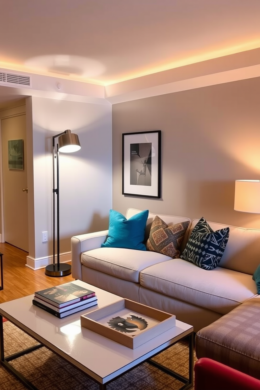 A cozy small apartment living room designed with layered lighting that includes a stylish floor lamp and elegant table lamps. The space features a comfortable sofa adorned with colorful cushions, complemented by a chic coffee table that holds a few art books and a decorative tray.