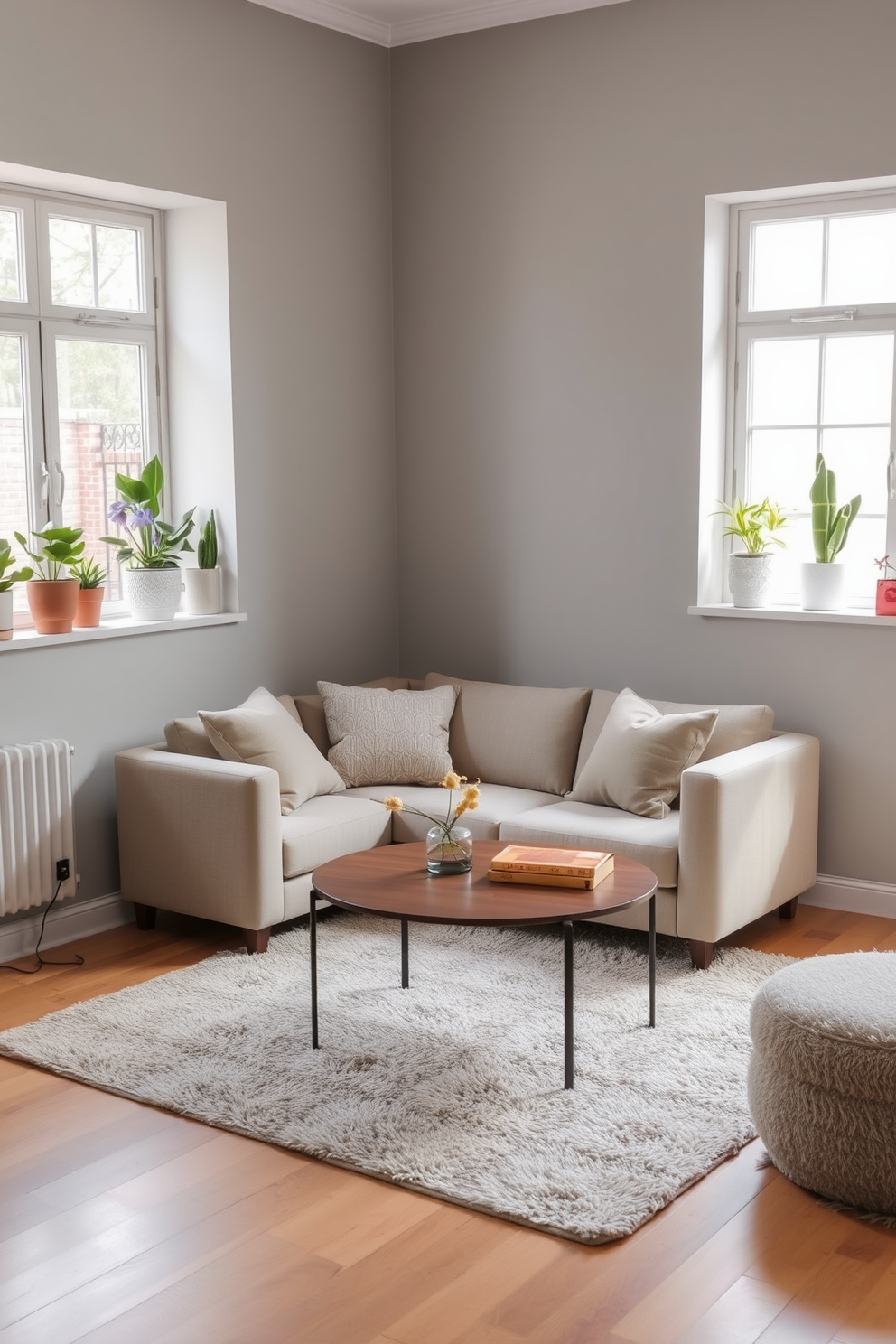 A cozy small apartment living room with a comfortable sofa positioned against the wall. On the window sills, decorative plants and small art pieces add personality and charm to the space. The walls are painted in a soft gray hue, creating a warm and inviting atmosphere. A stylish coffee table sits in the center, complemented by a plush area rug that ties the room together.