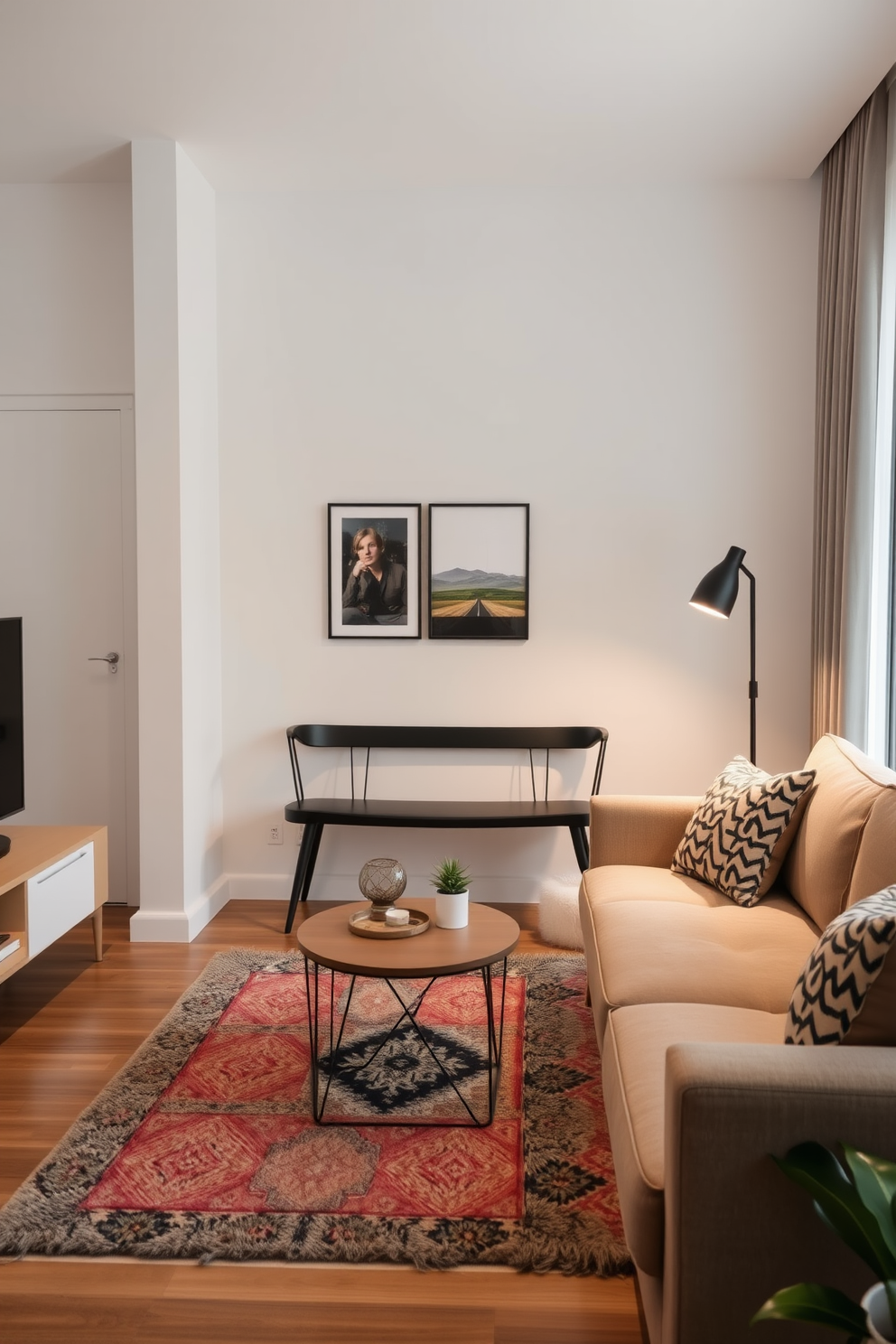 A stylish small apartment living room features a large abstract painting as the focal point, drawing the eye with its vibrant colors. The space is adorned with a cozy sectional sofa in a neutral tone, complemented by a sleek coffee table and a soft area rug underneath. Natural light floods the room through a large window adorned with sheer curtains, creating an airy atmosphere. Potted plants are strategically placed around the room, adding a touch of greenery and warmth to the overall design.