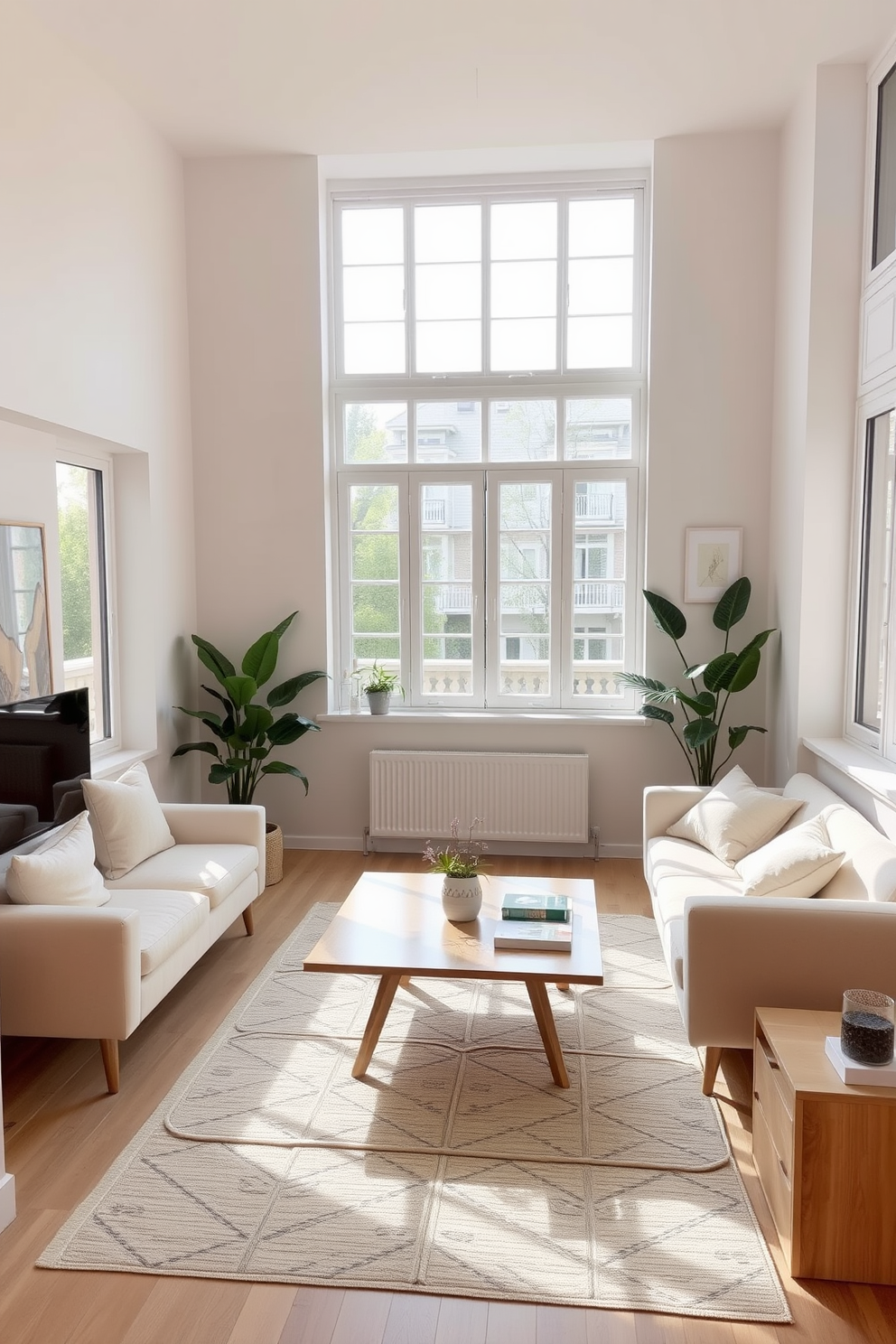 A cozy small apartment living room features light-colored walls that enhance the sense of openness. The space includes a plush beige sofa adorned with colorful throw pillows, complemented by a glass coffee table at the center. Natural light floods the room through large windows dressed with sheer white curtains. A minimalist bookshelf against one wall showcases decorative items and plants, adding a touch of greenery to the design.