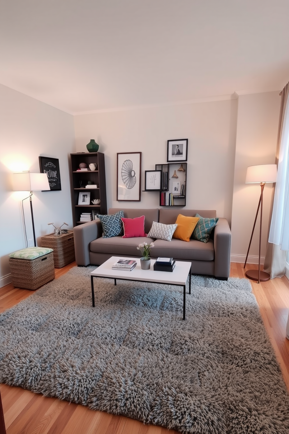 A cozy small apartment living room features a plush area rug that delineates the seating area from the rest of the space. The sofa is adorned with colorful throw pillows, and a stylish coffee table sits at the center, creating an inviting atmosphere. In one corner, a compact bookshelf displays curated decor items and books, enhancing the room's personality. A floor lamp beside the reading nook provides warm light, making it the perfect spot for relaxation.