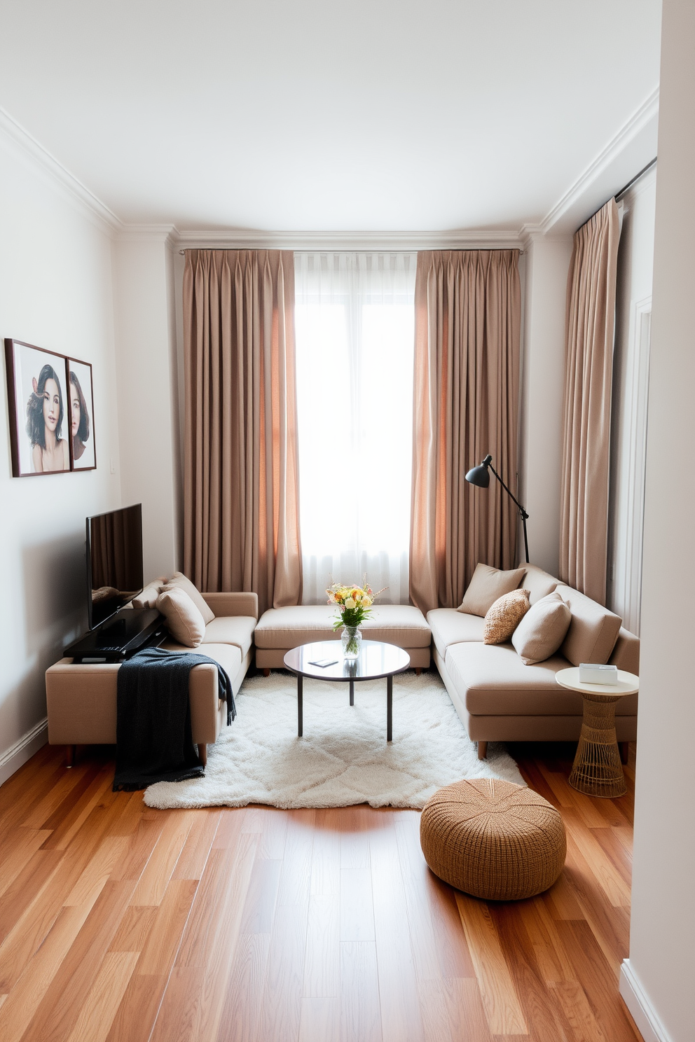 A cozy small apartment living room features a plush sectional sofa in a neutral tone. A round coffee table sits in the center, surrounded by a soft area rug that adds warmth to the space. The walls are painted in a light color to enhance brightness, with artwork that reflects personal style. Floor-to-ceiling curtains in a flowing fabric frame the windows, creating an illusion of height and elegance.