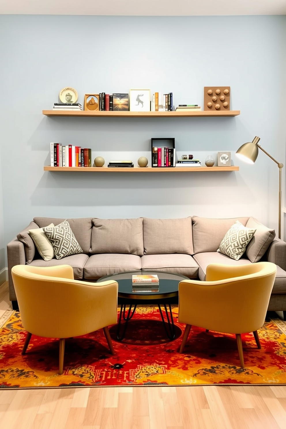 A modern living room in a small apartment featuring a fold-out dining table that seamlessly integrates into the space. The room is adorned with a cozy sectional sofa, a minimalist coffee table, and soft ambient lighting that creates an inviting atmosphere. The walls are painted in a light neutral tone to enhance the sense of openness. Decorative elements include a few art pieces, indoor plants, and a stylish rug that ties the room together.