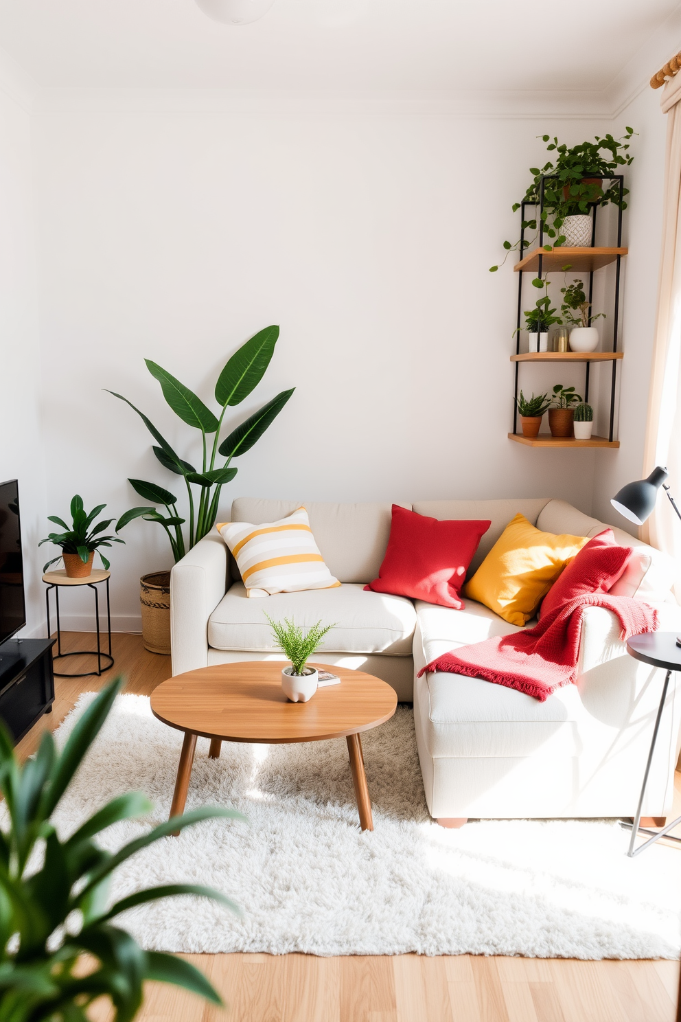 A cozy small apartment living room features a plush sofa in a light neutral color, accented by colorful throw pillows. A stylish coffee table sits in front, surrounded by a soft area rug that adds warmth to the space. In one corner, a tall leafy plant adds a touch of greenery, while smaller potted plants are placed on shelves and side tables for a fresh feel. The walls are painted in a soft pastel hue, enhancing the brightness of the room and making it feel more spacious.