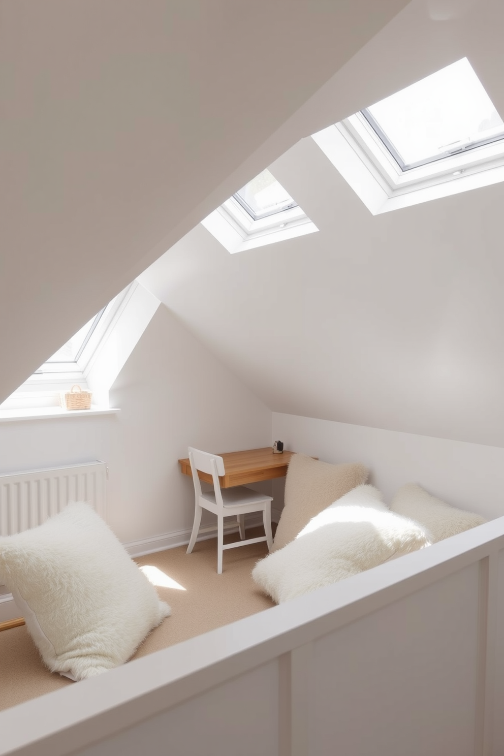 A bright and airy attic space designed with light color schemes. The walls are painted in soft whites and pale pastels, creating an inviting atmosphere. Natural light floods in through skylights, illuminating the cozy seating area adorned with plush cushions. A small wooden desk is positioned near a window, perfect for a creative workspace.