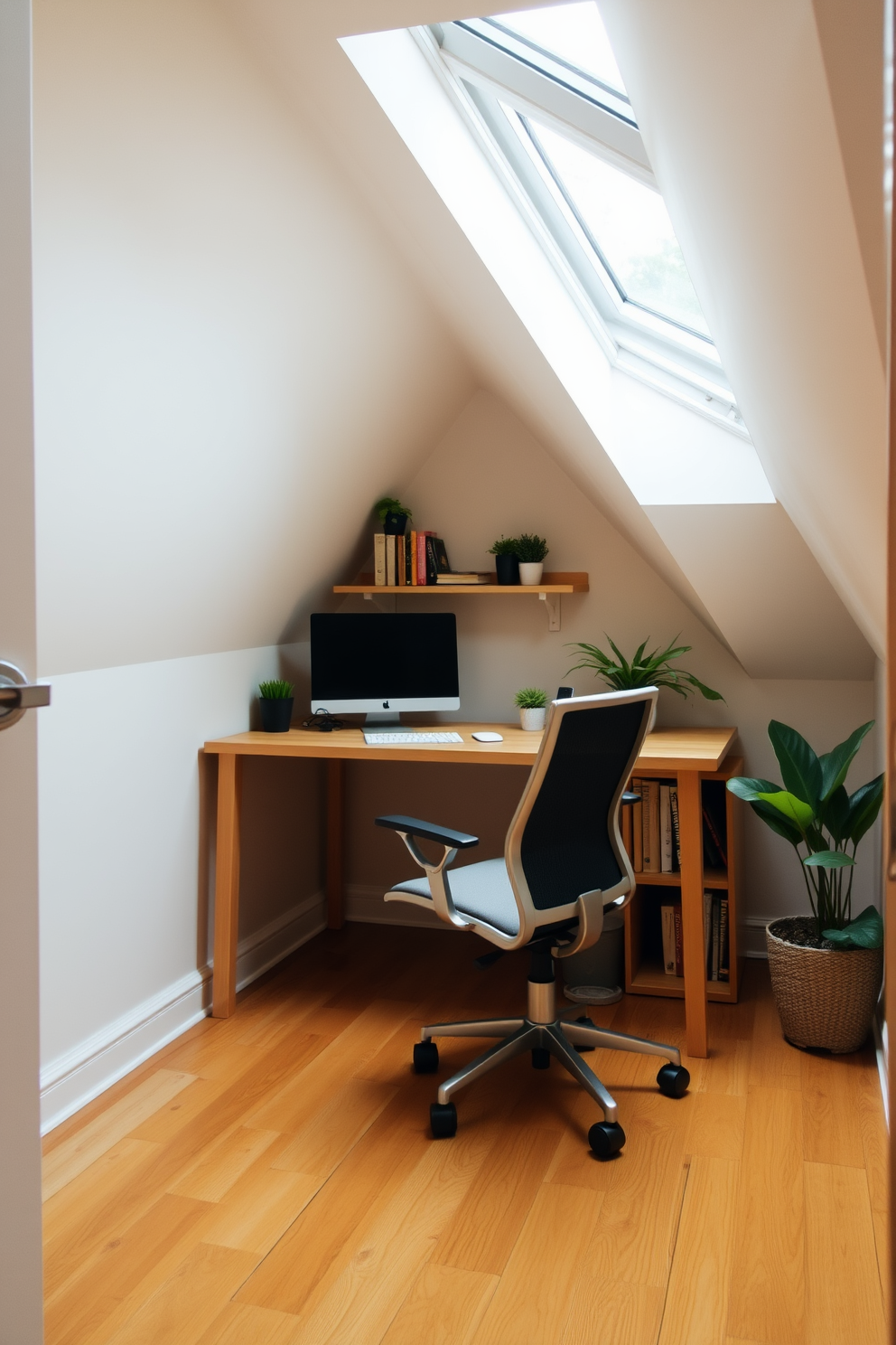 A cozy mini office nestled in a small attic space. The room features a sleek wooden desk positioned under a slanted ceiling, with a comfortable ergonomic chair and a small bookshelf filled with books. Natural light pours in from a skylight above, illuminating the warm wooden floors. Soft, neutral tones on the walls and a few potted plants add a touch of freshness to the workspace.