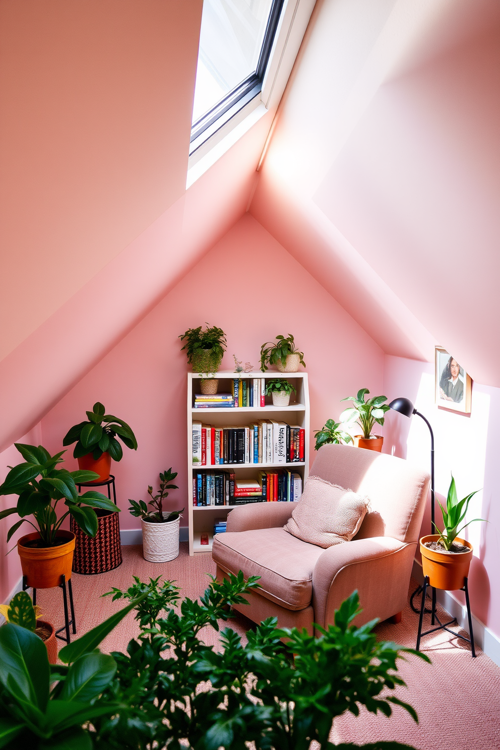 A cozy attic space designed for relaxation and creativity. The walls are painted in soft pastel colors, and natural light floods in through a skylight, illuminating the room. A comfortable reading nook is created with a plush armchair and a small bookshelf filled with favorite novels. Potted plants are strategically placed around the room, adding a touch of nature and freshness to the space.