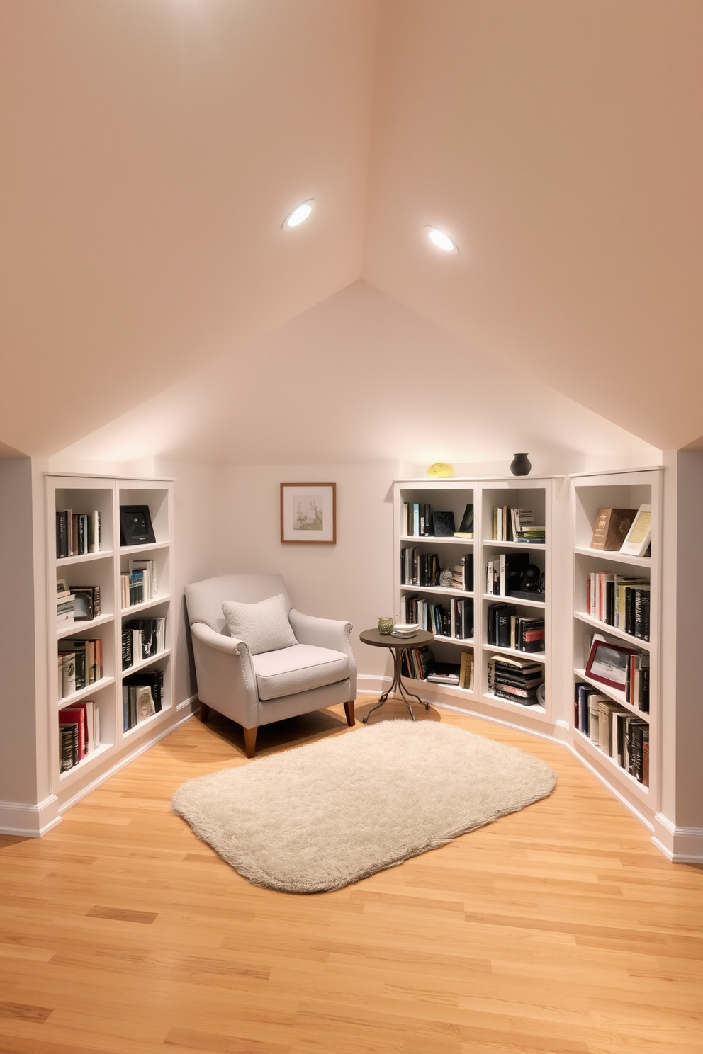 A cozy small attic space designed for relaxation. The room features a comfortable reading nook with a plush armchair and a small side table, surrounded by built-in shelves filled with books and decorative items. Soft recessed lighting illuminates the area, creating a warm and inviting atmosphere. The walls are painted in a light neutral color, and a soft area rug adds texture to the wooden floor.