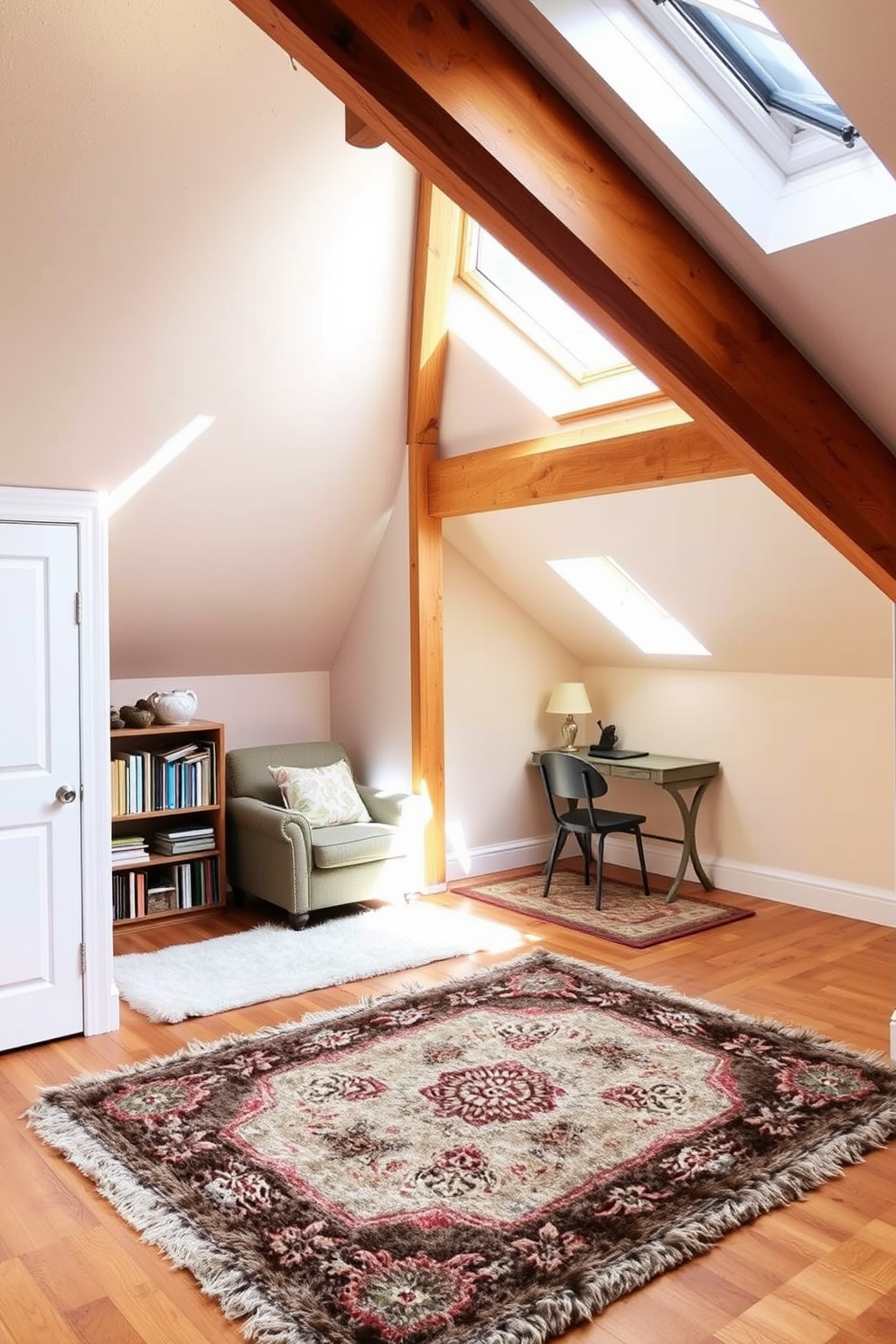 A cozy attic space featuring a plush area rug that defines a reading nook. The walls are painted in soft pastels, and a comfortable armchair is positioned next to a small bookshelf filled with books. In another corner of the attic, a larger area rug anchors a small workspace with a vintage desk and a stylish chair. Natural light pours in from a skylight above, illuminating the warm wood beams and creating an inviting atmosphere.