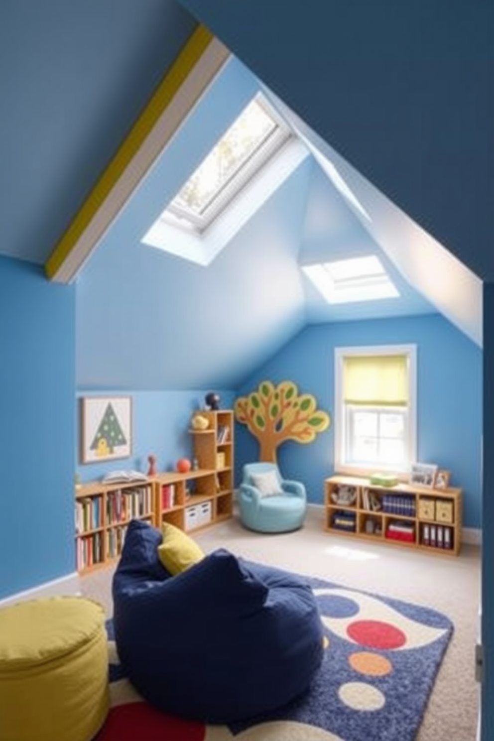 Create a playful kids room design with a vibrant color palette featuring walls painted in bright blue and yellow accents. The room includes a cozy reading nook with a bean bag chair and a whimsical bookshelf shaped like a tree. Small attic design ideas focus on maximizing space while maintaining a cozy atmosphere. Incorporate a sloped ceiling with skylights to bring in natural light and use built-in storage solutions to keep the area organized.