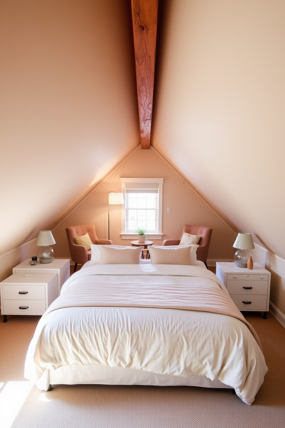 Transform the attic into a cozy guest bedroom featuring a sloped ceiling with exposed wooden beams. Include a plush queen-sized bed dressed in soft linens, flanked by two modern bedside tables with stylish lamps. Incorporate a small reading nook with a comfortable armchair and a floor lamp positioned by the window. Use a warm color palette with soft neutrals and pops of color to create an inviting atmosphere.