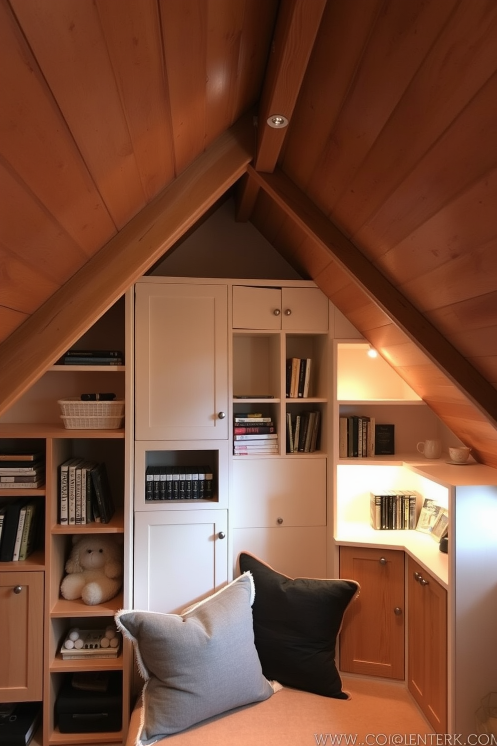 A cozy attic space features sloped ceilings that maximize creative storage solutions. Built-in shelves and cabinets blend seamlessly into the angles, providing functional and stylish organization. Soft lighting fixtures illuminate the room, enhancing the warmth of the wooden beams and the inviting atmosphere. A comfortable reading nook with plush cushions is nestled under the eaves, creating a perfect retreat for relaxation.