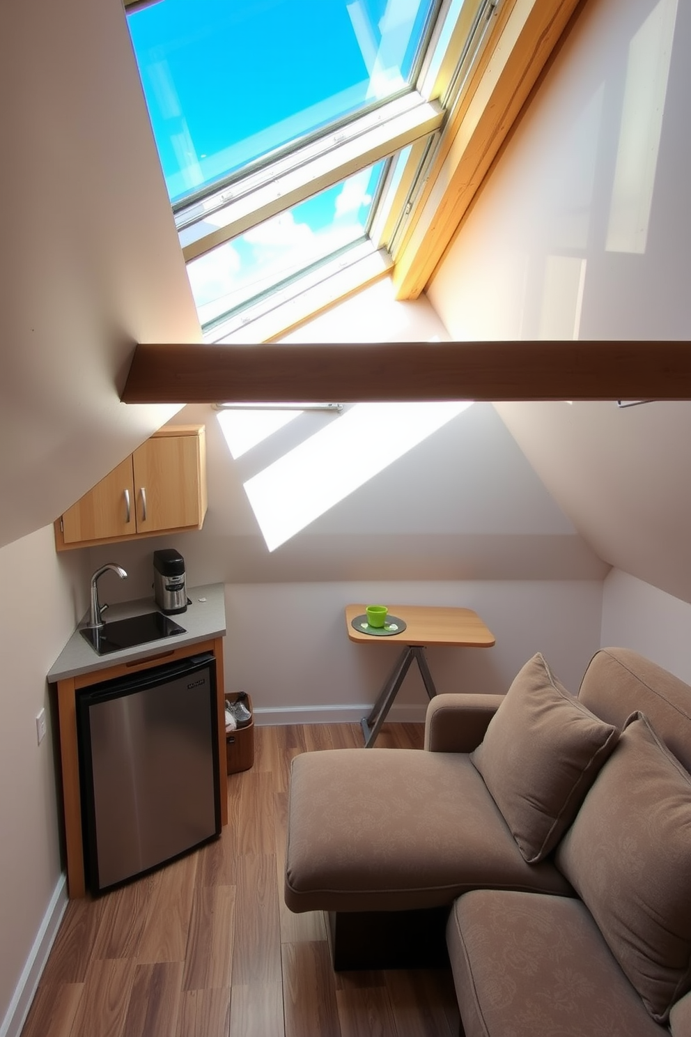 A cozy attic space designed for relaxation. The area features a small kitchenette with sleek cabinetry and a compact refrigerator, ideal for preparing light meals and snacks. Natural light floods the room through a skylight, highlighting the warm wooden beams. A comfortable seating area with plush cushions invites you to unwind and enjoy the tranquil atmosphere.