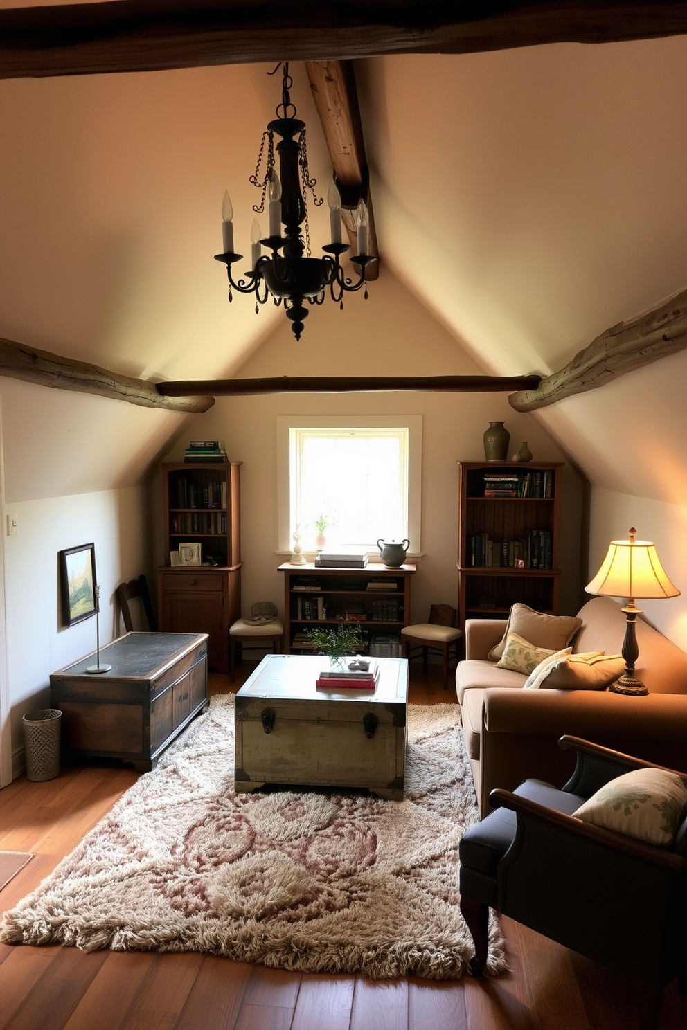 A cozy attic space designed for relaxation and creativity. The focal wall features a bold floral wallpaper that adds character and warmth to the room. The remaining walls are painted in a soft neutral tone to balance the vibrant wallpaper. A comfortable reading nook is created with a plush armchair and a small bookshelf nestled under the sloped ceiling.