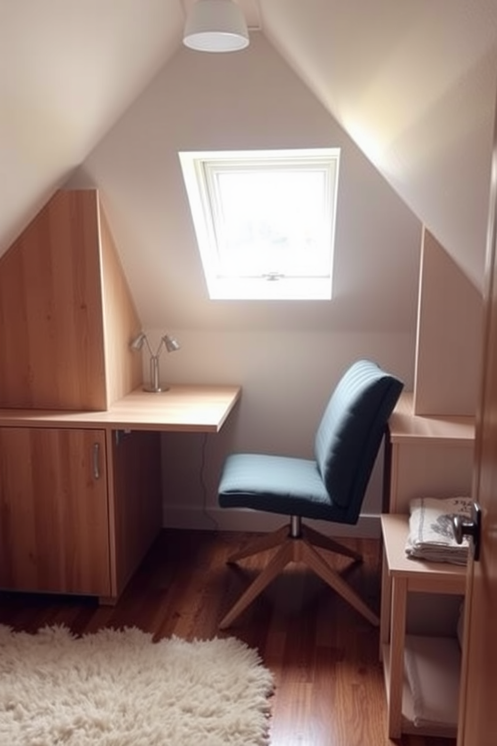 A cozy attic space features foldable furniture that allows for easy rearrangement and maximizes the available area. The design includes a compact foldable desk that can be tucked away when not in use, paired with a comfortable chair that also serves as additional seating for guests. Natural light filters through a small window, illuminating the space with a warm glow. Soft, neutral colors on the walls and furnishings create an inviting atmosphere, while a plush area rug adds texture and warmth to the wooden floor.