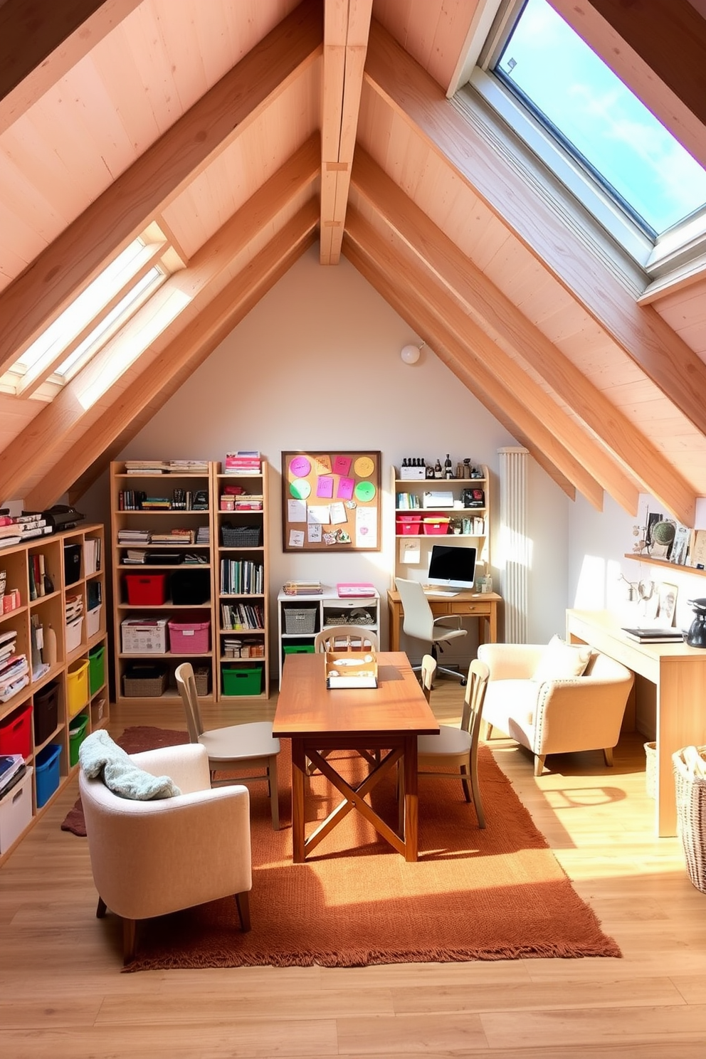 Create a cozy hobby room for crafts. The room features a large wooden table in the center surrounded by comfortable chairs and ample natural light from a skylight. In the corners, there are shelves filled with various craft supplies and colorful storage bins. The walls are painted in a soft pastel color, and a bulletin board displays inspiration and project ideas. Design a small attic space that maximizes functionality and charm. The area includes a cozy reading nook with a plush armchair and a small bookshelf against the slanted wall. Light wooden beams add character, while a desk tucked under the eaves serves as a workspace. The floor is adorned with a warm area rug, creating an inviting atmosphere.