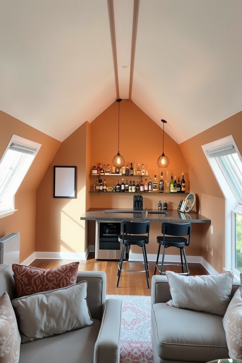 A cozy attic space designed for relaxation and organization. The room features a small closet tucked under the sloped ceiling, providing ample storage for clothes and accessories. A comfortable reading nook is positioned by a window, with a plush armchair and a small bookshelf nearby. Soft, warm lighting enhances the inviting atmosphere, making it perfect for quiet evenings.