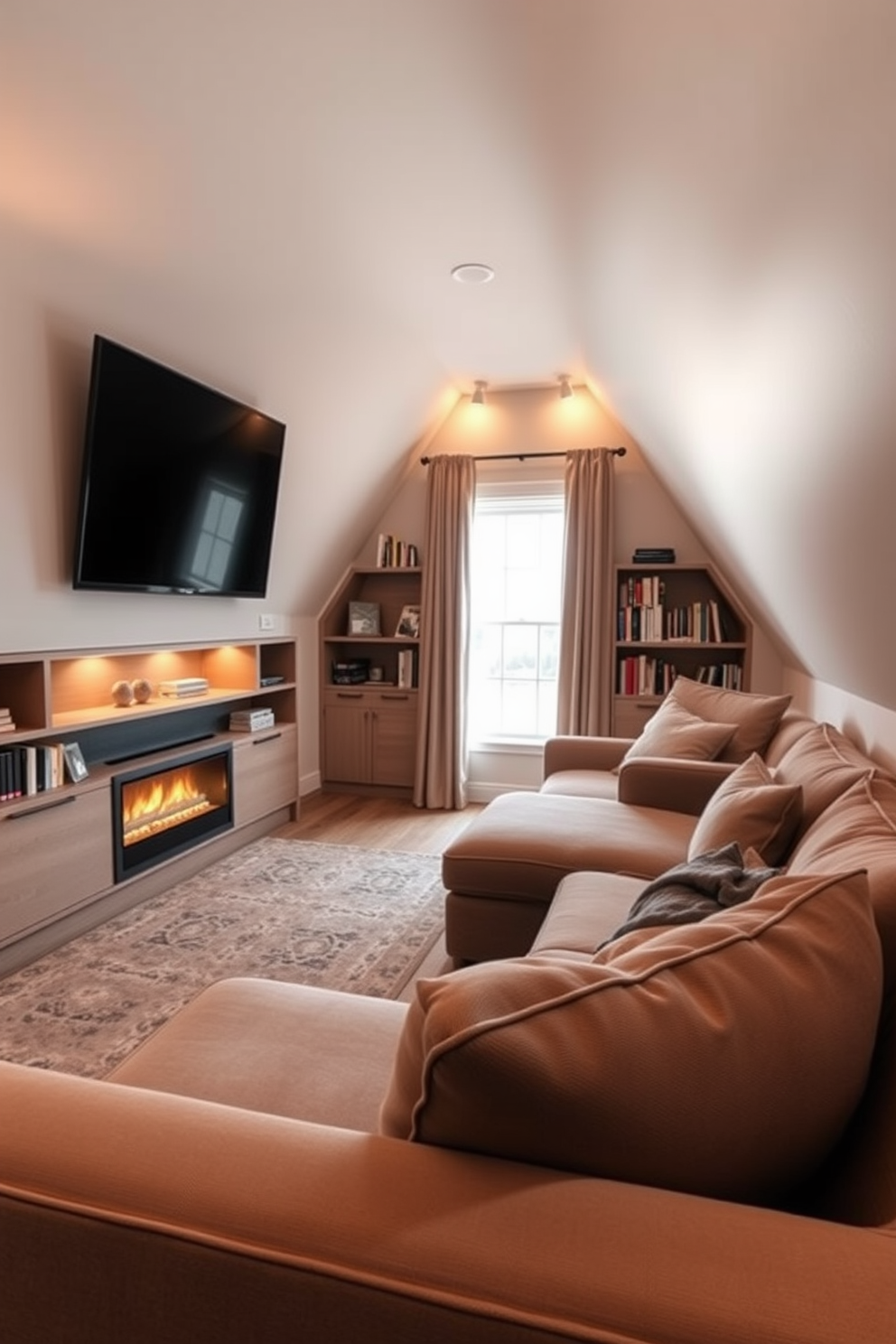 A cozy movie watching area with a plush sectional sofa in a warm gray fabric. Soft ambient lighting creates a welcoming atmosphere, and a large flat-screen TV is mounted on the wall opposite the seating. Small attic design ideas featuring a charming reading nook with built-in shelves filled with books. A comfortable armchair sits next to a window, adorned with soft curtains, allowing natural light to fill the space.