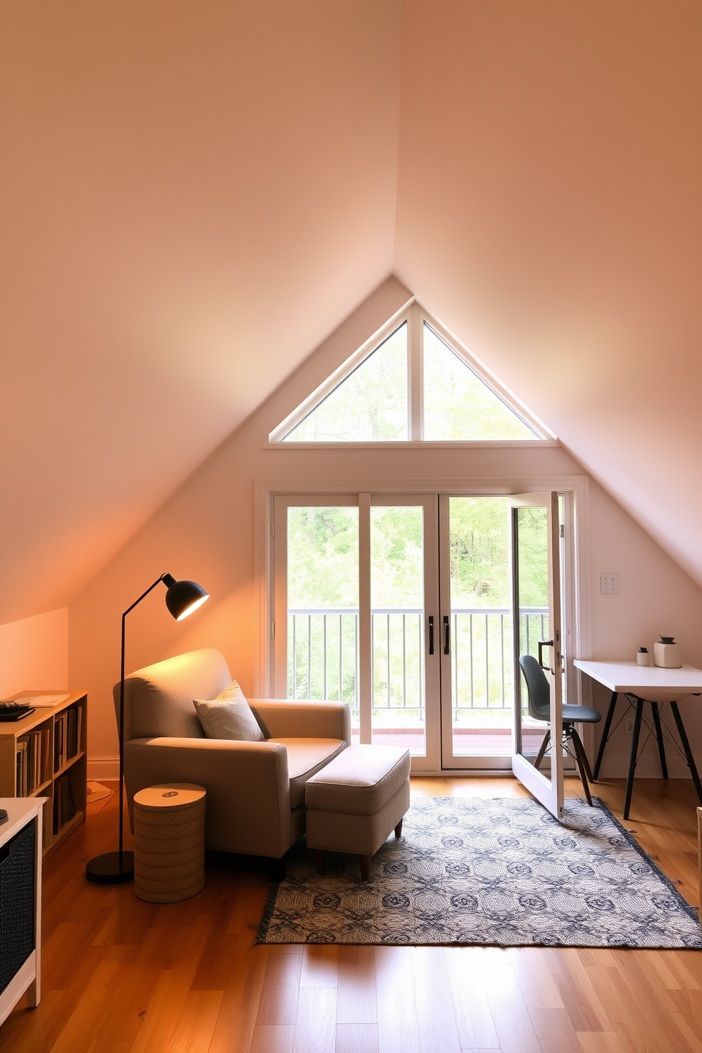 A cozy small attic space designed for relaxation features a comfortable hammock suspended between two wooden beams. Soft natural light filters in through a small window, illuminating the warm wood tones and inviting textures of the decor. A small side table is placed next to the hammock, holding a stack of books and a steaming cup of tea. The walls are adorned with light pastel colors, creating a serene atmosphere perfect for unwinding.