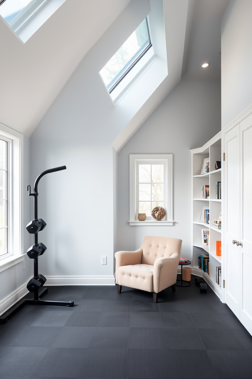 A personal gym area with large windows allowing natural light to flood the space. The walls are painted in a calming light blue, and the floor is covered with high-quality rubber matting for comfort and safety. Small attic design ideas featuring a cozy reading nook with built-in shelves. The walls are painted in soft white, and a plush armchair is positioned next to a small window, creating a perfect spot for relaxation.