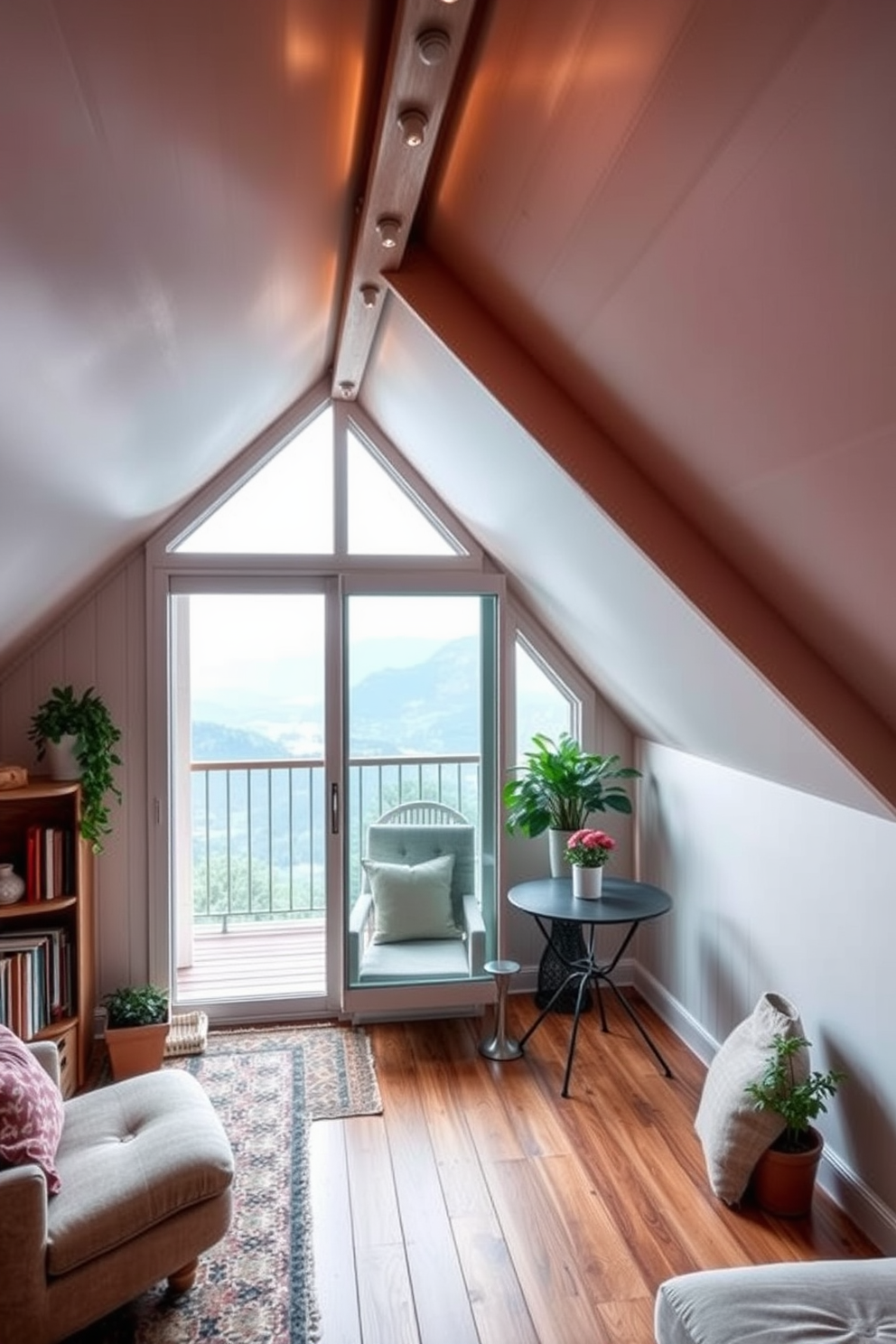 A charming small attic space features sloped ceilings with exposed wooden beams and soft ambient lighting. A cozy reading nook is created with a plush armchair and a small bookshelf, while a decorative rug adds warmth to the wooden floor. The design includes a small balcony with sliding glass doors that open to breathtaking views. Potted plants and a small bistro table with two chairs enhance the outdoor access, creating an inviting space for relaxation.