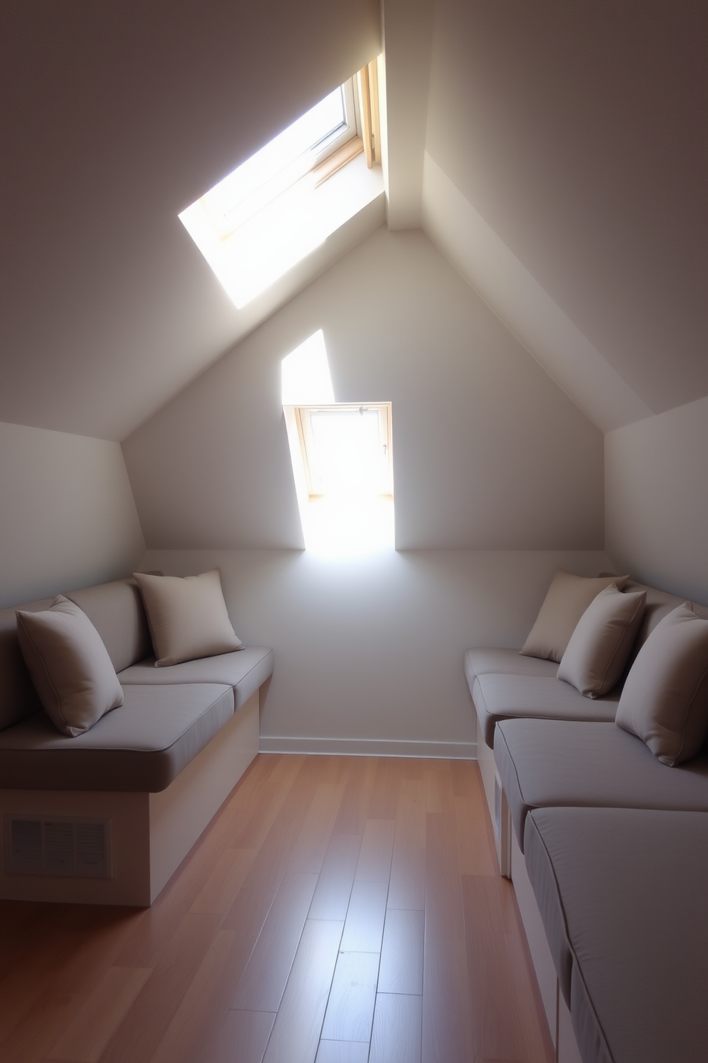 A cozy attic space designed for relaxation features a comfortable window seat adorned with plush cushions and a soft throw blanket. Natural light floods the area through a large window, highlighting the warm wooden beams and inviting atmosphere of the room.