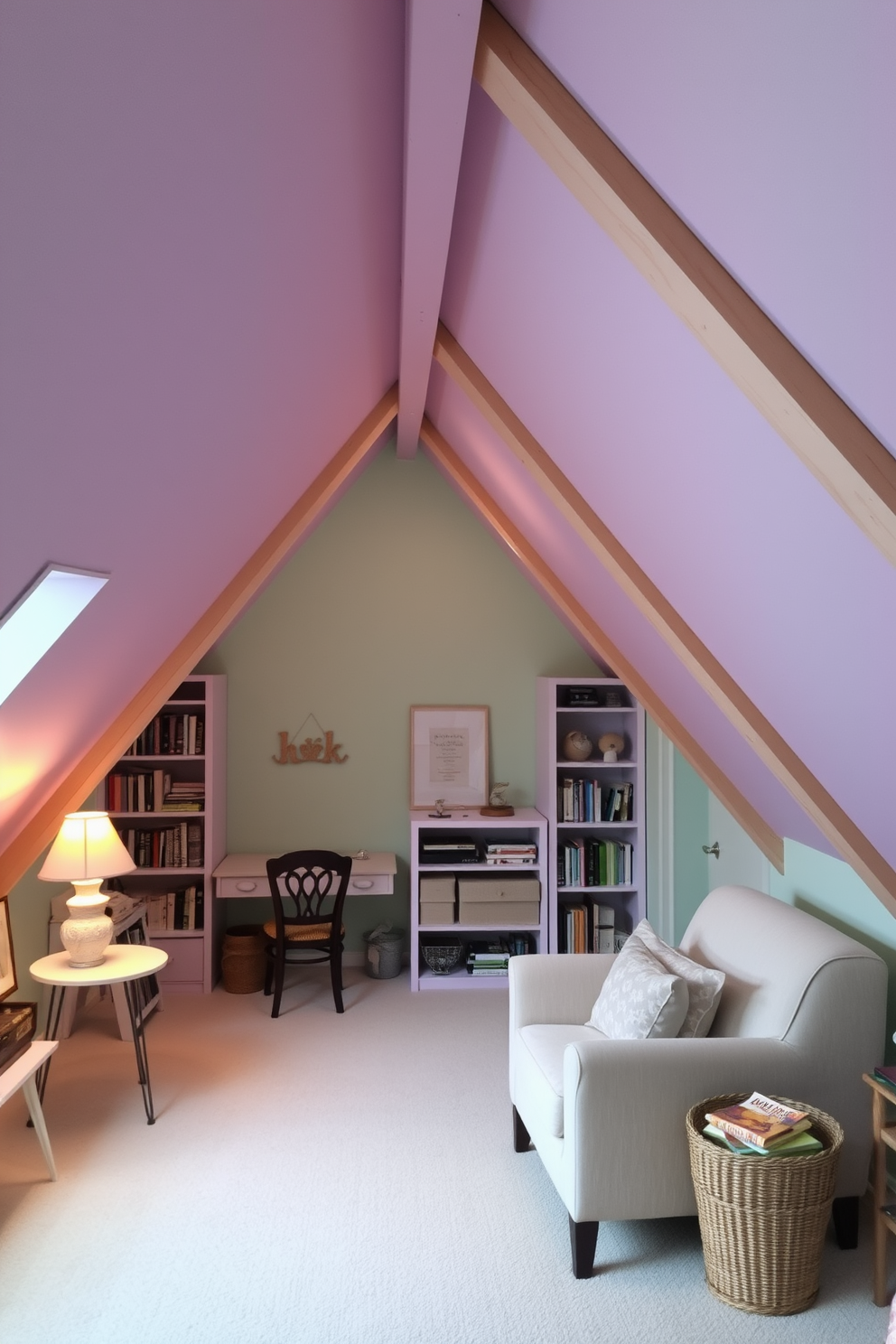 A cozy attic space with sloped ceilings painted in soft pastel shades of lavender and mint green. A comfortable reading nook is created with a plush armchair and a small side table, adorned with a delicate lamp that emits a warm glow. Light wooden beams contrast beautifully with the pastel walls, adding warmth and character to the space. A small desk is tucked into one corner, surrounded by shelves filled with books and decorative items that enhance the serene atmosphere.