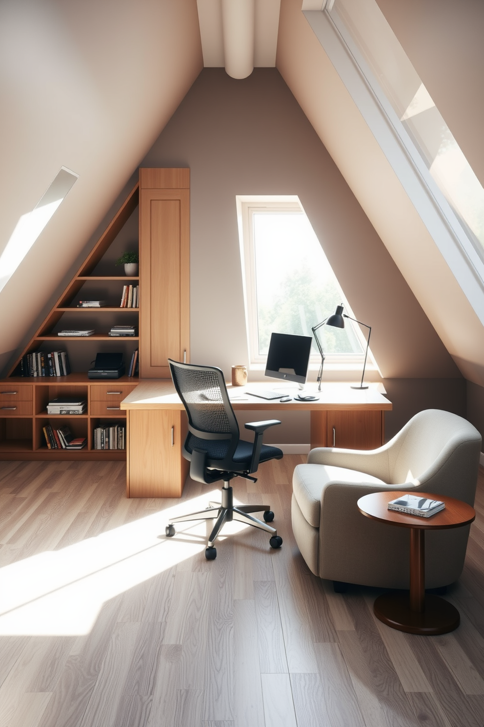 Design a workspace with natural light. The room features large windows that allow sunlight to flood in, illuminating a sleek wooden desk and a comfortable ergonomic chair. Small attic design ideas. The space is transformed into a cozy reading nook with built-in shelves, a plush armchair, and soft lighting that creates an inviting atmosphere.