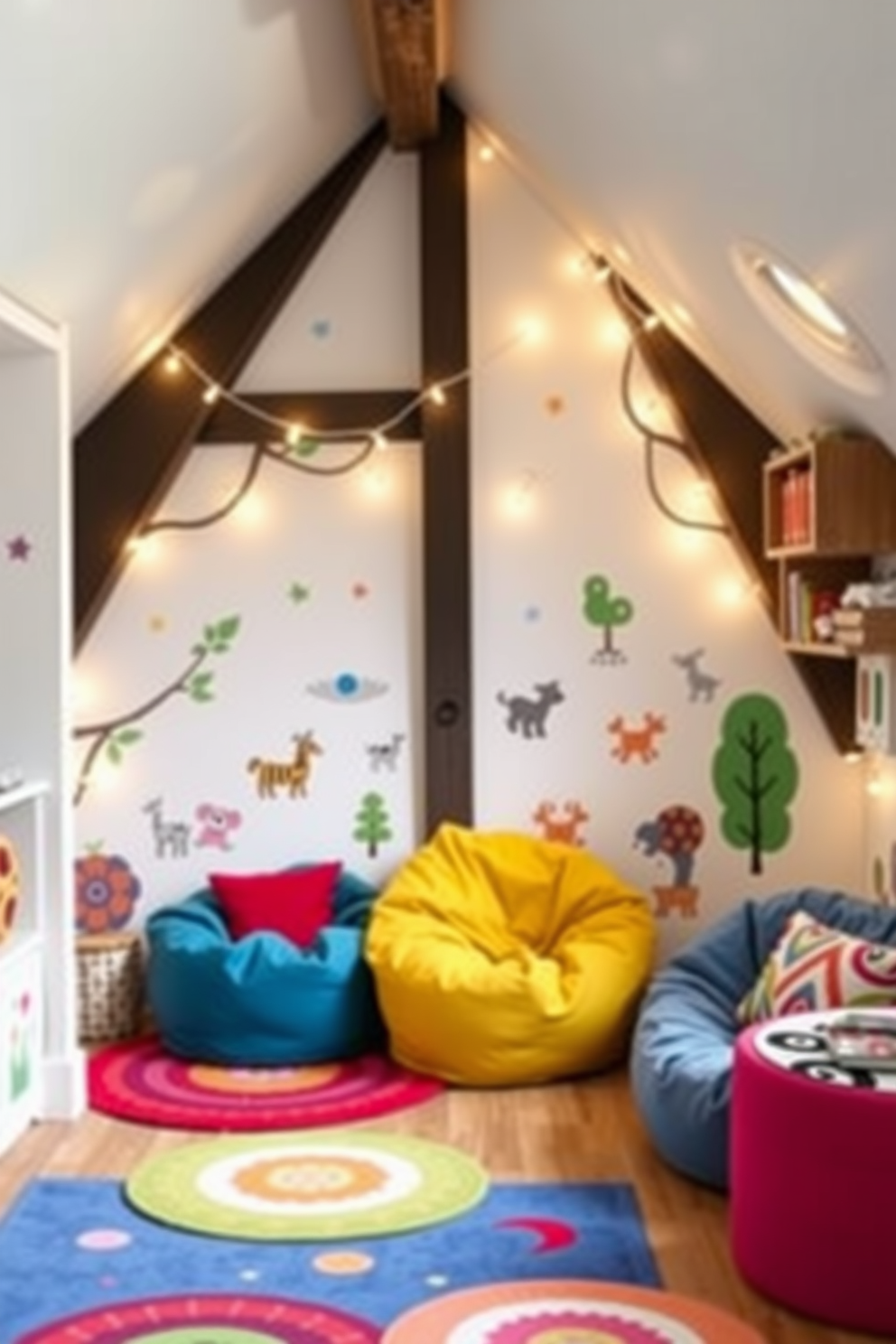 Create a whimsical play area for kids. The space is filled with colorful rugs and playful wall decals featuring animals and cartoon characters. Small Attic Design Ideas. The attic features cozy nooks with bean bags and fairy lights, creating a magical reading corner for children.