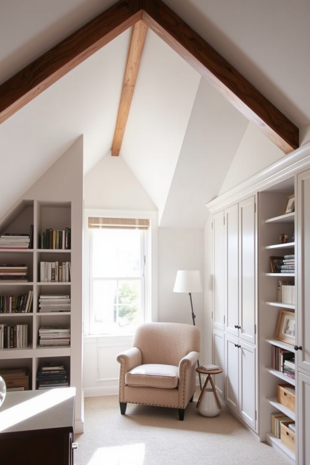 A cozy attic space featuring built-in storage solutions that maximize space. The walls are painted in a soft white, and the ceiling has exposed wooden beams for added character. Custom shelving units are integrated into the sloped walls, providing ample storage while maintaining an open feel. A comfortable reading nook is created with a plush armchair and a small side table near a window, allowing natural light to flood the area.