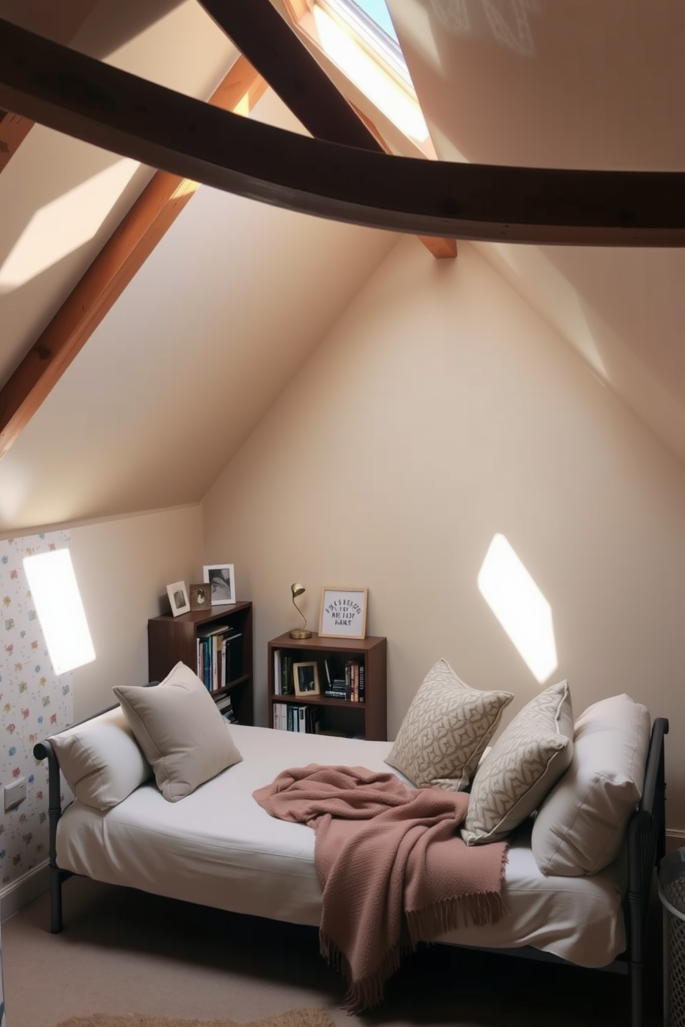 A cozy attic space featuring warm wood paneling that adds rustic charm to the room. The design includes a comfortable reading nook with a plush armchair and a small bookshelf nestled under the sloped ceiling. Natural light pours in through a skylight, illuminating the space and highlighting the textures of the wood. A soft area rug anchors the seating area, creating an inviting atmosphere perfect for relaxation.