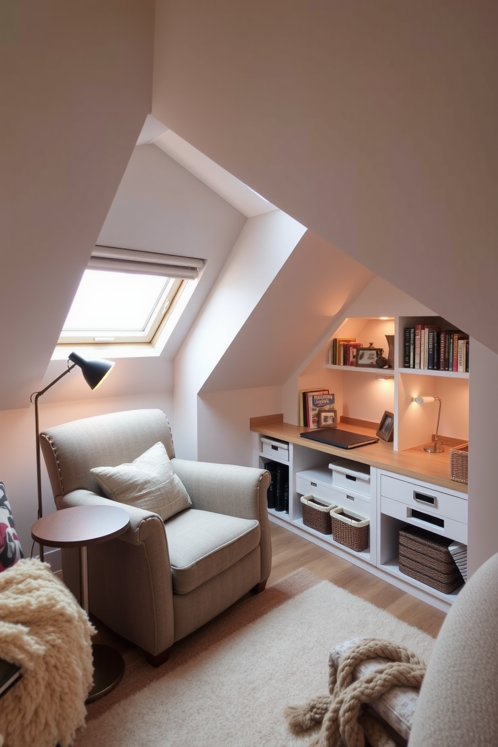 A cozy reading nook with a skylight features a plush armchair in a soft fabric, positioned next to a small side table. Warm, ambient lighting from the skylight illuminates a collection of books neatly arranged on a nearby shelf. Small attic design ideas include a multifunctional space with built-in storage under the eaves and a compact desk for a home office setup. The walls are painted in a light color to enhance brightness, while cozy textiles add warmth and comfort to the area.