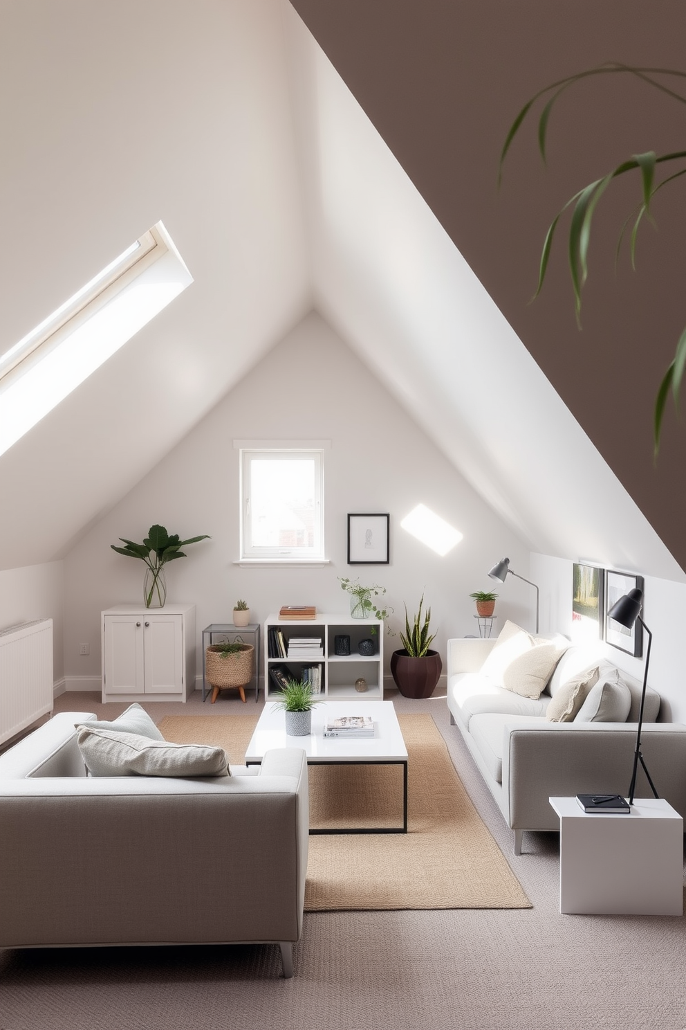 A cozy attic space featuring low-profile furniture to maximize height and create an open feel. The room includes a sleek sofa with minimalist design, a low coffee table, and a compact bookshelf, all arranged to enhance the sense of space. Natural light floods the area through a skylight, illuminating the soft color palette of light grays and whites. Decorative elements such as plants and wall art add personality without overwhelming the room's airy atmosphere.