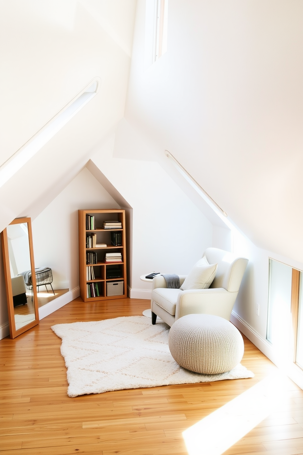 A cozy attic space designed to maximize natural light and create a sense of openness. The walls are painted in a soft white, and large mirrors are strategically placed to reflect light and enhance the feeling of spaciousness. A comfortable reading nook with a plush armchair and a small bookshelf is tucked under the sloped ceiling. A soft area rug adds warmth to the wooden floor, while decorative pillows in muted tones invite relaxation.