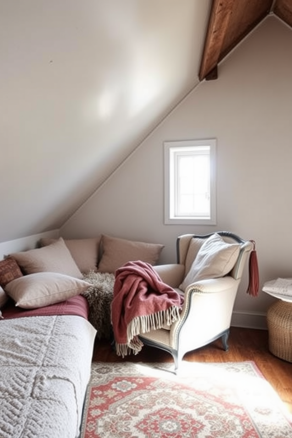 A cozy attic space featuring a small reading nook defined by a plush area rug. The walls are painted a soft white, and a comfortable armchair is positioned next to a small bookshelf filled with books. A small workspace is created with a minimalist desk placed on a textured rug, providing a clear boundary for the area. Natural light streams in through a skylight, illuminating the wooden beams that add character to the space.