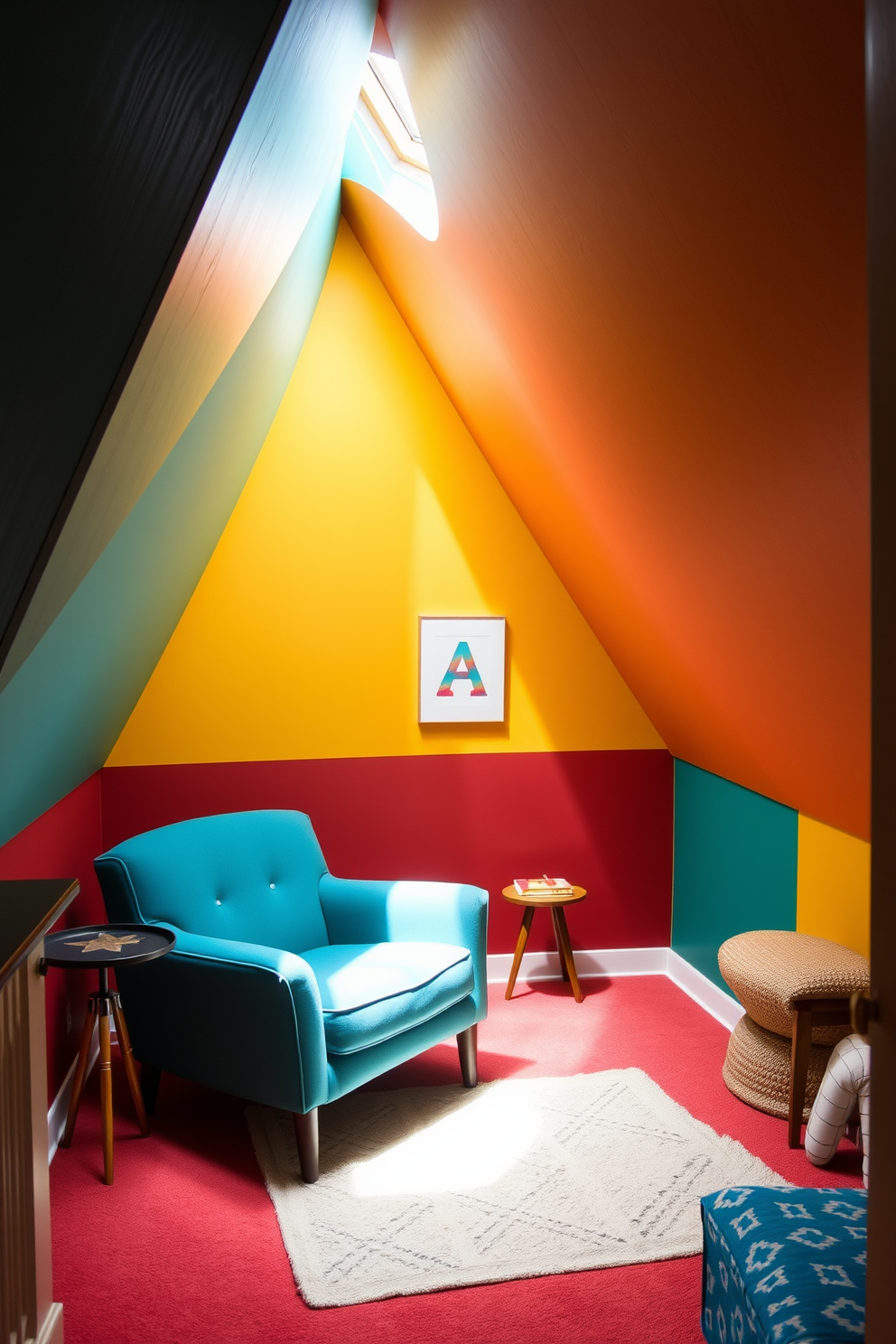 A cozy attic space with colorful accent walls that create a vibrant atmosphere. The walls are painted in a mix of bold hues, featuring a combination of teal and mustard yellow, enhancing the playful character of the room. The design includes a small seating area with a plush armchair and a side table. Natural light floods in through a skylight, illuminating the unique angles of the ceiling and highlighting the eclectic decor.