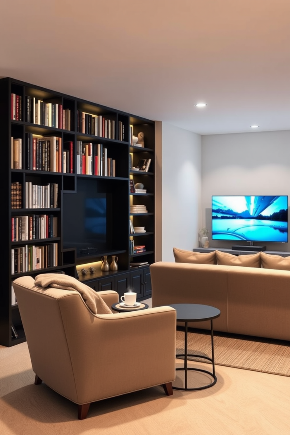 Cozy reading nook with soft lighting. A plush armchair is positioned next to a floor-to-ceiling bookshelf filled with books, while a small side table holds a steaming cup of tea and a soft throw blanket draped over the armrest. Small basement design ideas. The space features a comfortable sectional sofa facing a sleek entertainment center, with warm ambient lighting and a small kitchenette tucked into one corner for convenience.