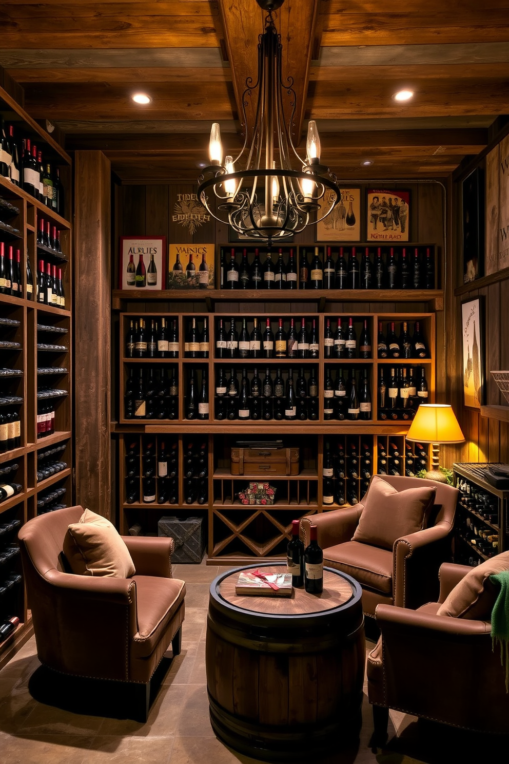 Chic wine cellar with rustic decor featuring reclaimed wood shelving that holds an extensive collection of wine bottles. The walls are adorned with vintage wine posters, and a wrought iron chandelier hangs from the ceiling, casting a warm glow over the space. Small basement design ideas include a cozy seating area with plush armchairs and a coffee table made from an old wine barrel. Soft lighting and warm earth tones create an inviting atmosphere, perfect for entertaining guests or enjoying a quiet evening.