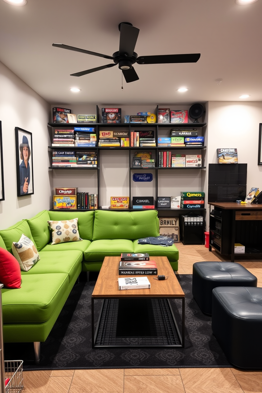 Trendy game room with board games. The space features a cozy sectional sofa in a vibrant color, surrounded by a stylish coffee table and shelving filled with various board games. Small basement design ideas. The layout includes a multi-functional area with a compact bar, a small dining table, and soft lighting to create an inviting atmosphere.