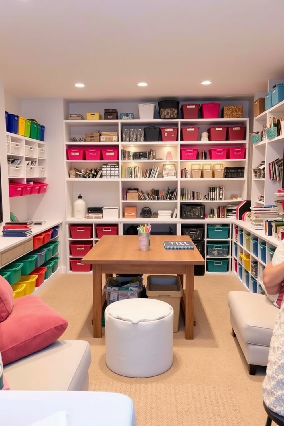 Creative craft room with organized supplies. The space features a large wooden table in the center surrounded by colorful storage bins and shelves filled with art supplies. Small basement design ideas. The layout includes cozy seating areas with soft lighting, a multifunctional workspace, and a small bar nook for entertaining guests.